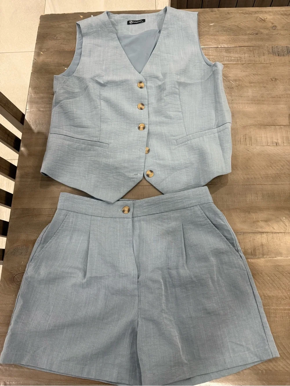 Casual Linen-Blend Light Blue Vest & Shorts Set